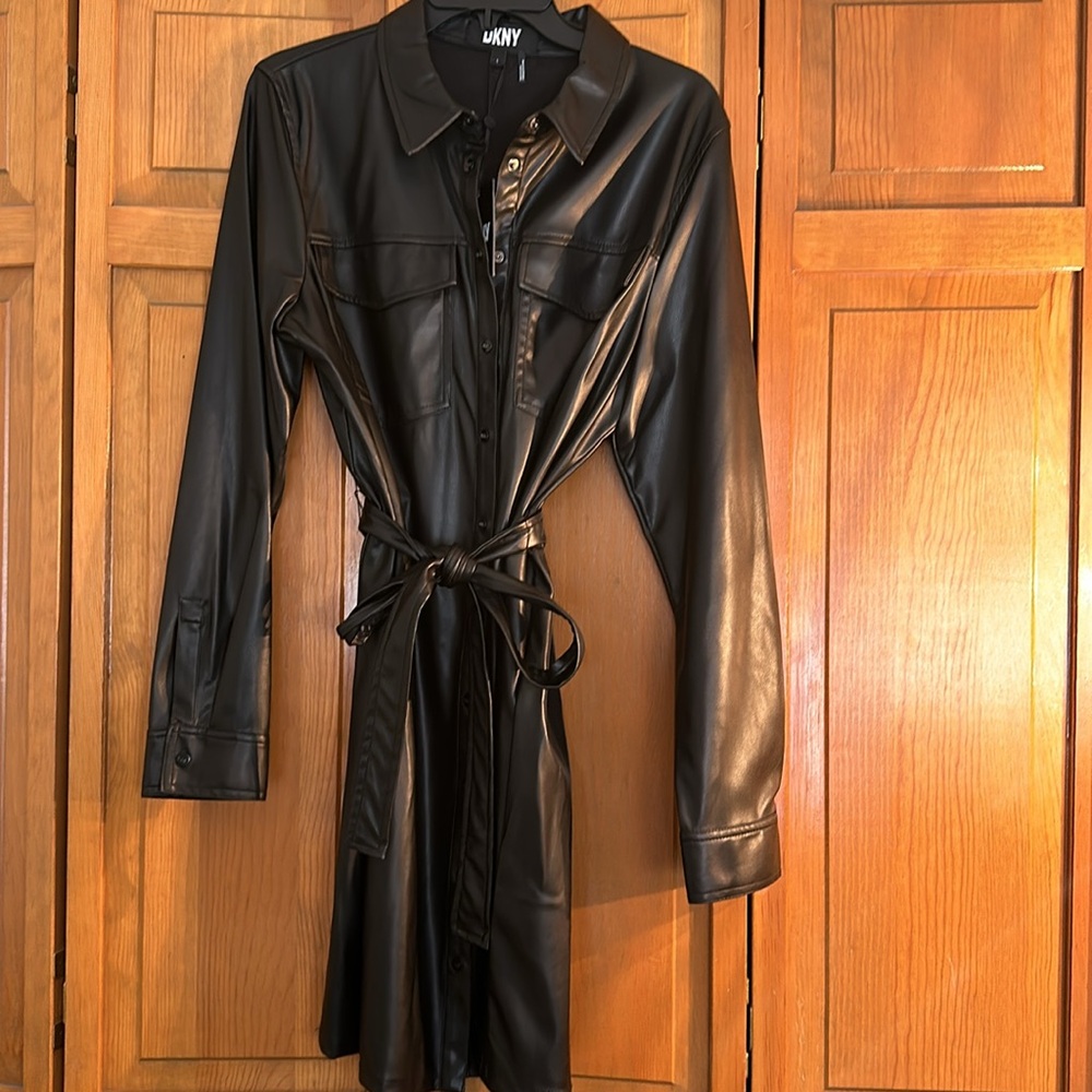 DKNY faux leather mini dress size L - with attached belt!